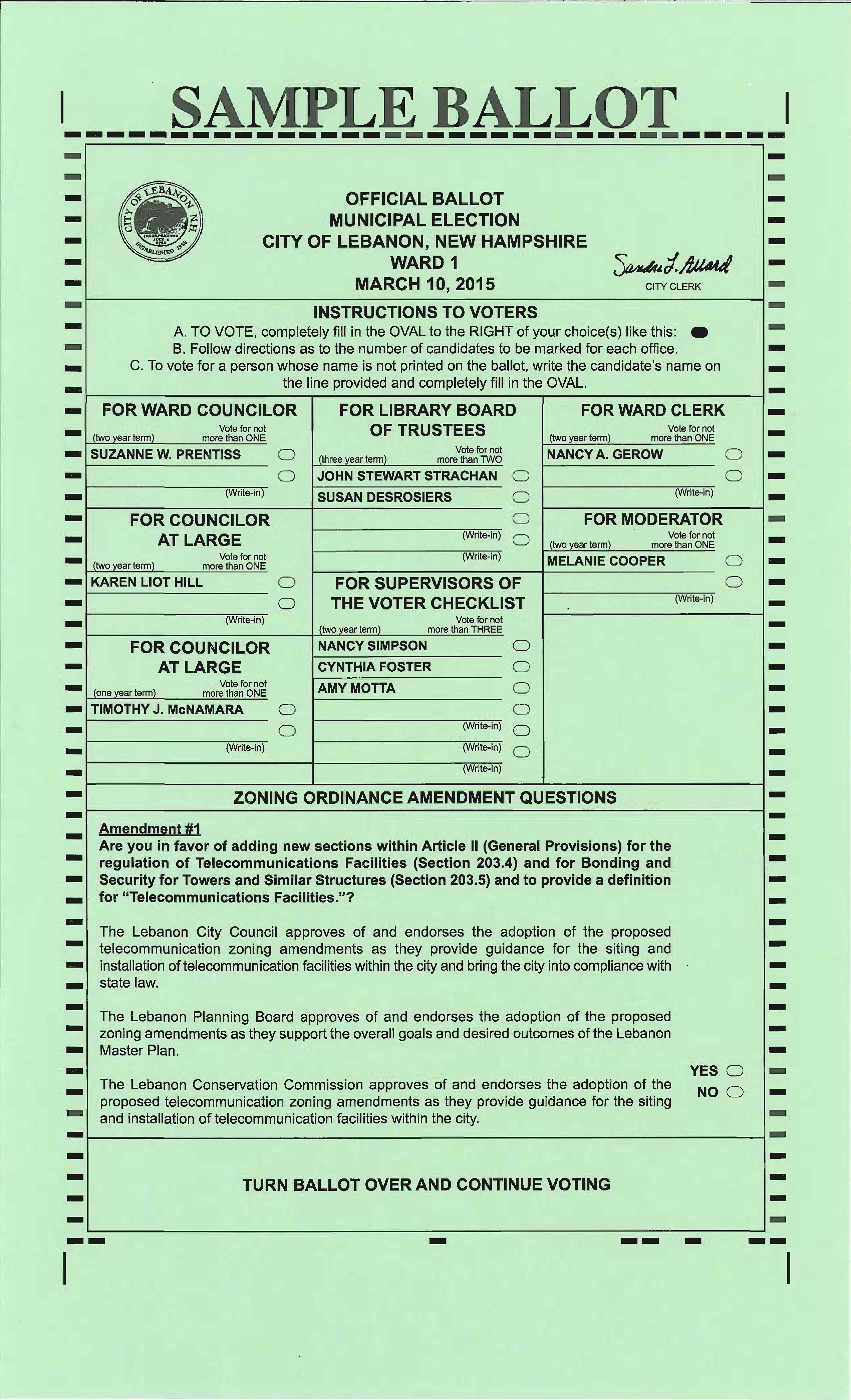 2015 City of Lebanon, NH Ward 1 Sample Ballot